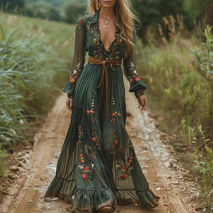 Robe maxi bohème brodée col V femme