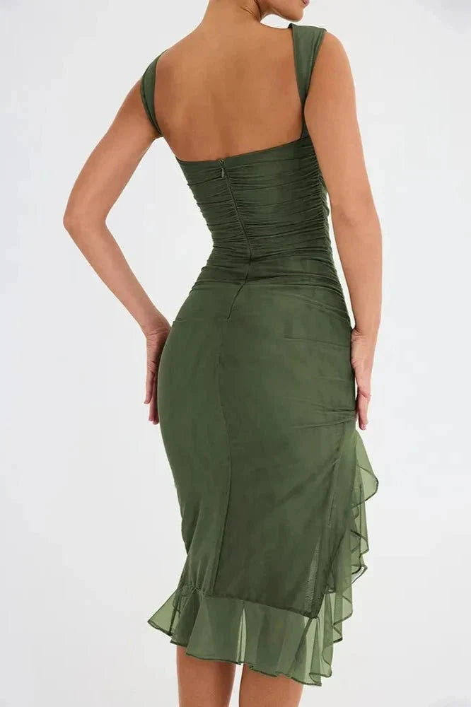 Robe Midi Femme Ajustée à Volants Asymétrique et Silhouette Sculptante