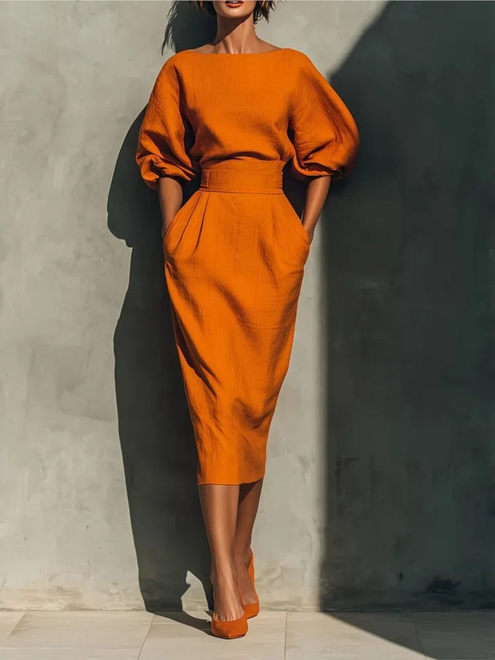 Robe Midi Femme à Taille Cintrée et Manches Bouffantes