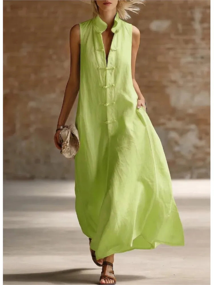 Robe Maxi Femme Sans Manches à Col Chemise