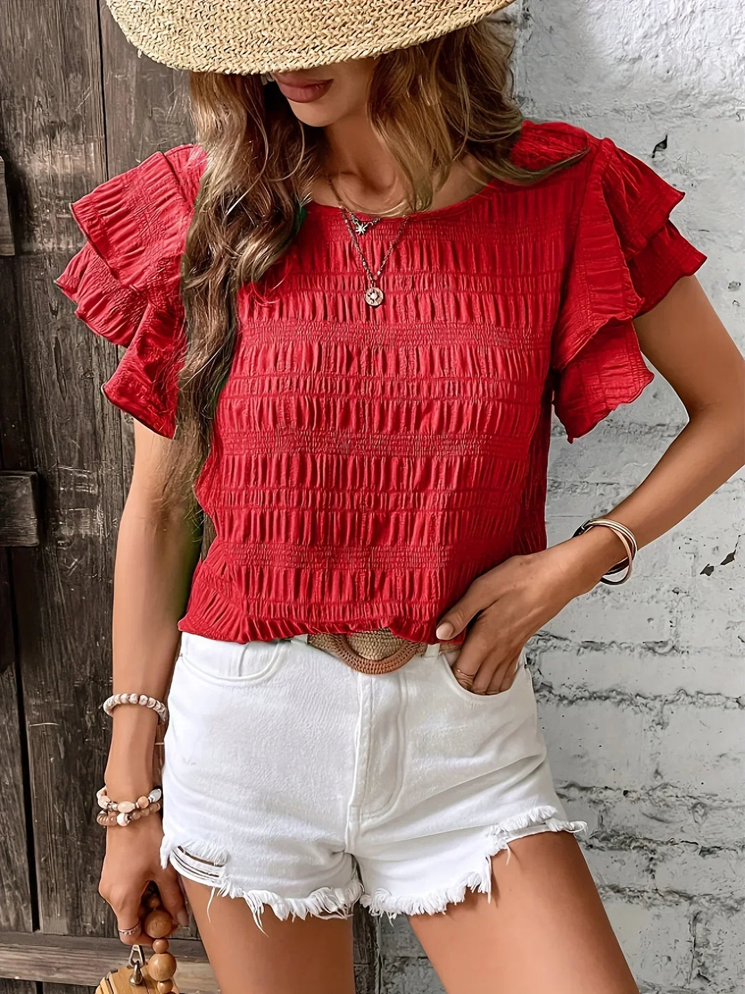 Blouse Femme Texturée à Manches Volantées Décontractée