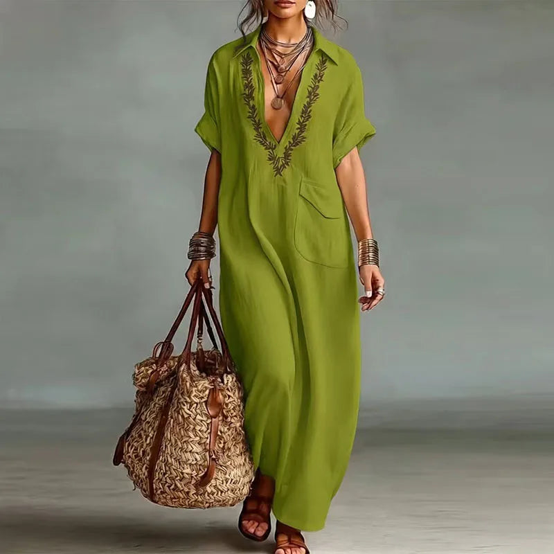 Abito Maxi Bohemien Donna con Stampa e Scollo a V