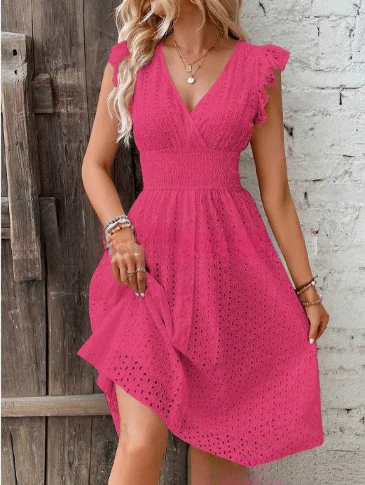 Robe Femme à Col V avec Volants et Ourlet Asymétrique