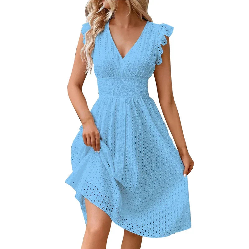 Robe Femme à Col V avec Volants et Ourlet Asymétrique