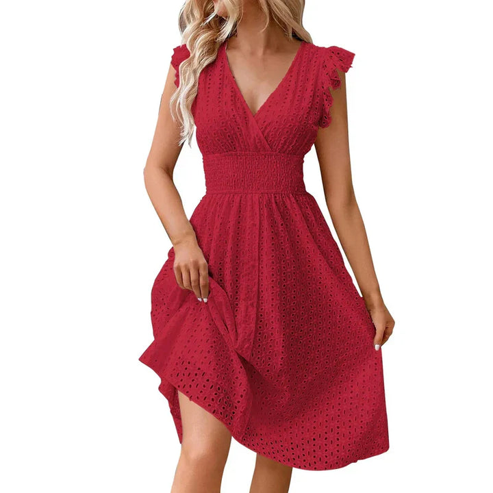 Robe Femme à Col V avec Volants et Ourlet Asymétrique