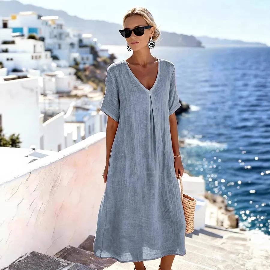 Robe Midi Décontractée pour Femmes à Col V et Coupe Fluide