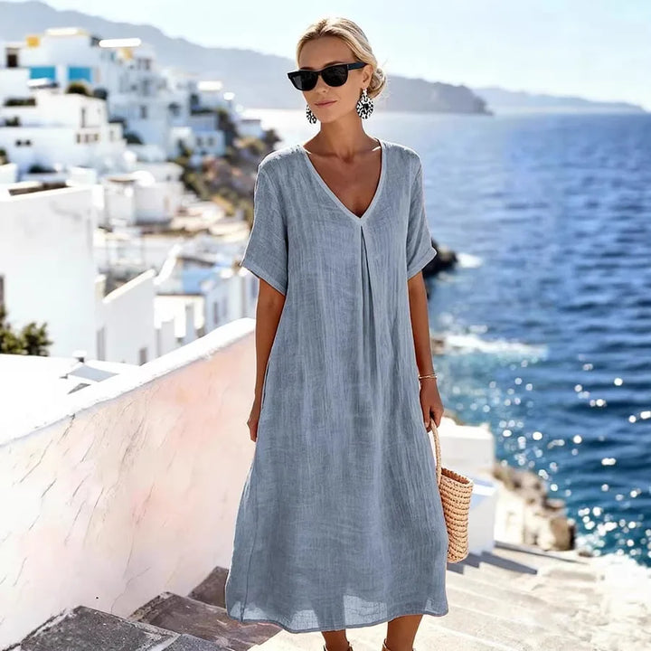 Robe Midi Décontractée pour Femmes à Col V et Coupe Fluide