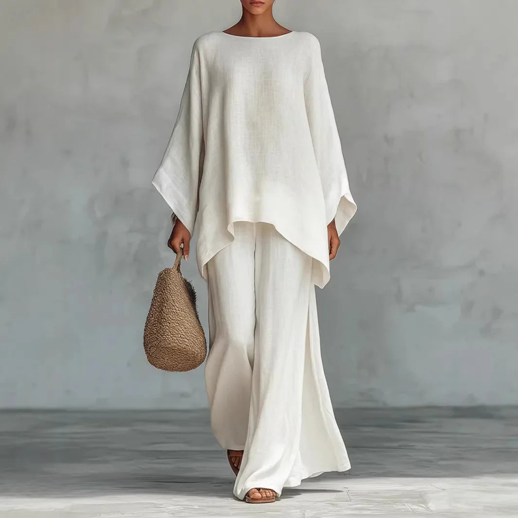 Ensemble Élégant Femme avec Haut Asymétrique et Pantalon Fluide