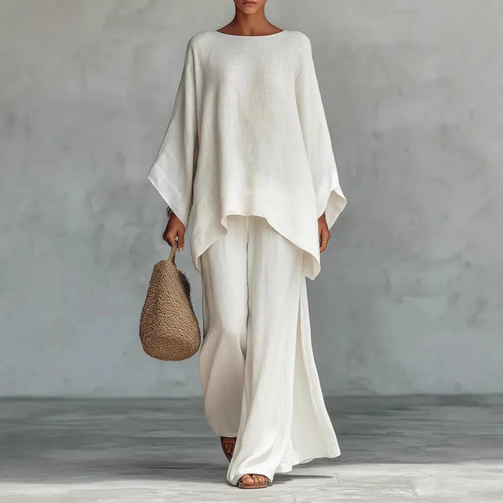 Ensemble Élégant Femme avec Haut Asymétrique et Pantalon Fluide