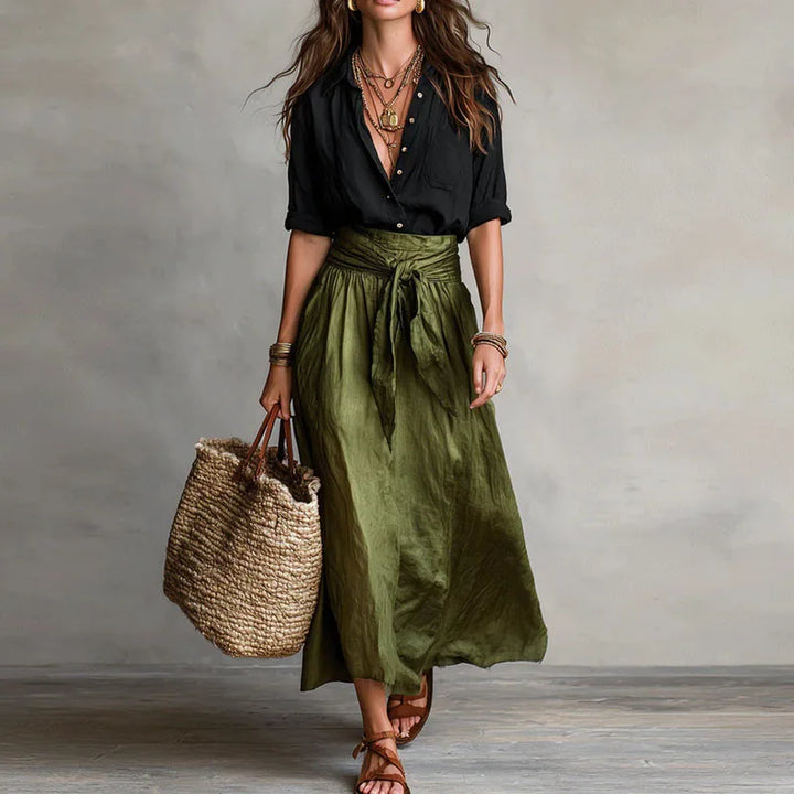 Ensemble Deux Pièces pour Femme Chemisier et Jupe Midi Taille Haute