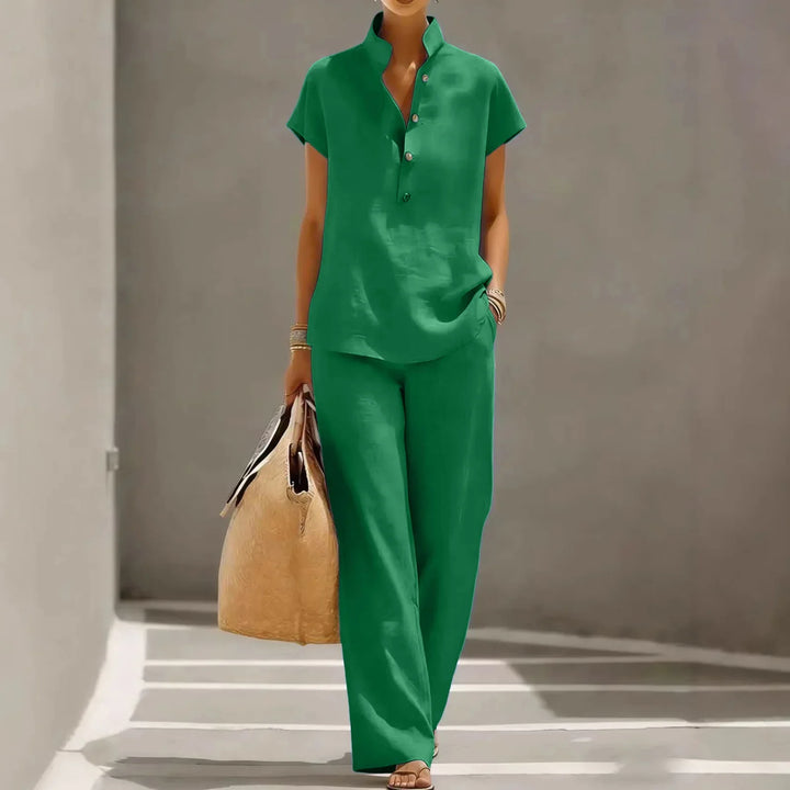 Completo donna casual due pezzi con colletto alla coreana e pantaloni ampi