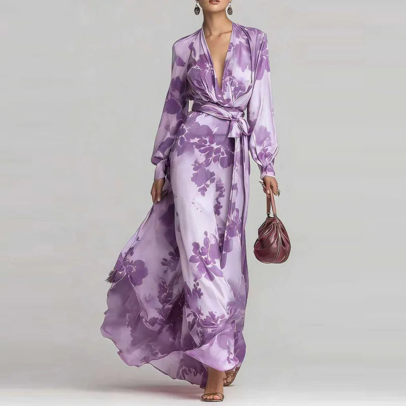 Abito lungo da donna bohemien con scollo profondo e vita cinturata
