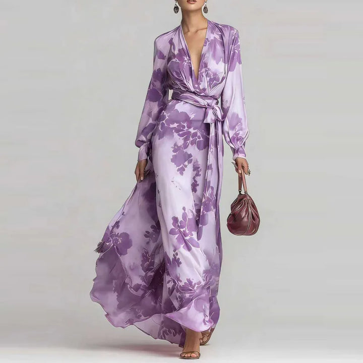 Abito lungo da donna bohemien con scollo profondo e vita cinturata