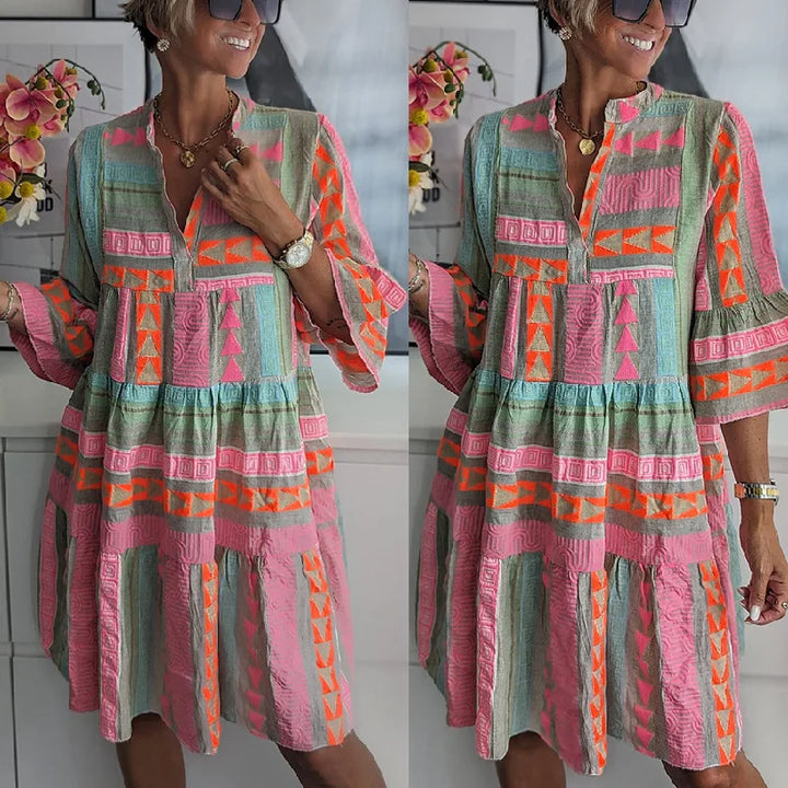 Robe Femme Bohème Imprimée à Manches Évasées Élégantes