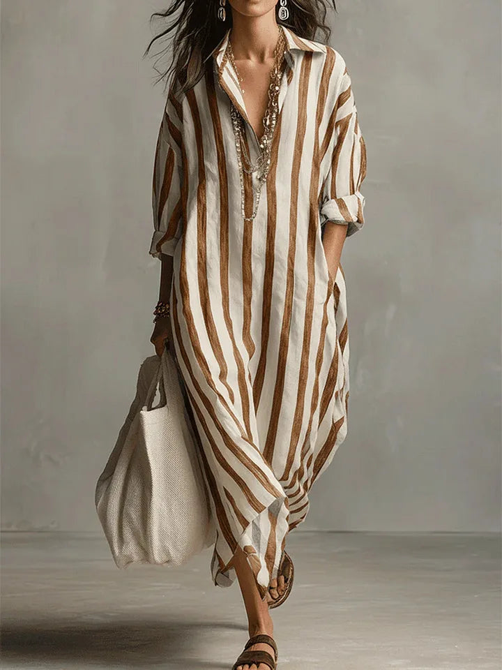 Robe Chemise Longue Rayée Décontractée pour Femme