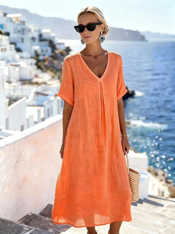Robe Midi Décontractée pour Femmes à Col V et Coupe Fluide