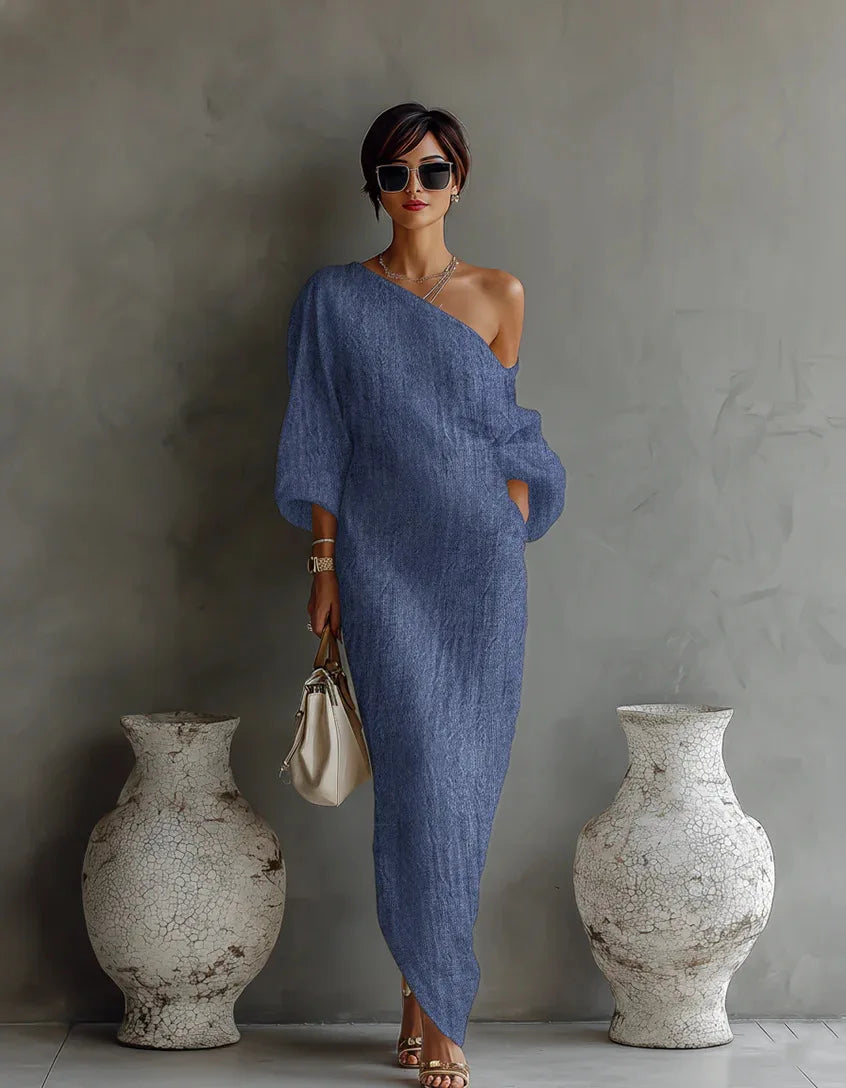 Asymmetric One-Shoulder Maxi Dress with Batwing Sleeves and Pockets