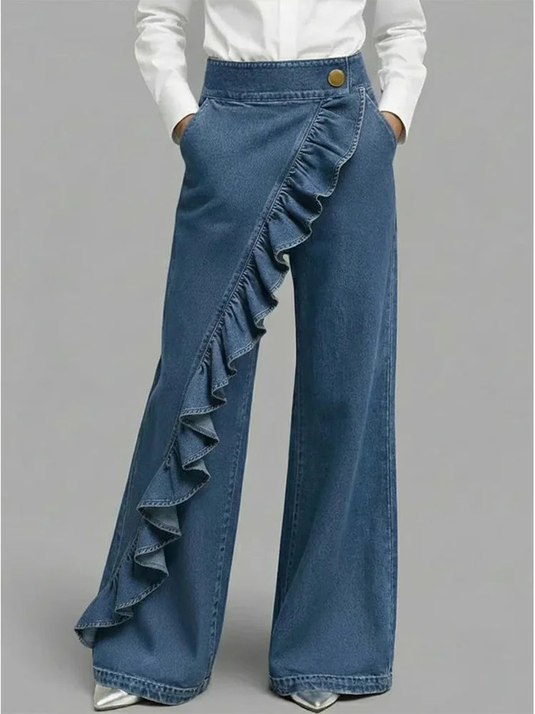 Jean Femme Asymétrique à Jambes Larges et Style Vintage