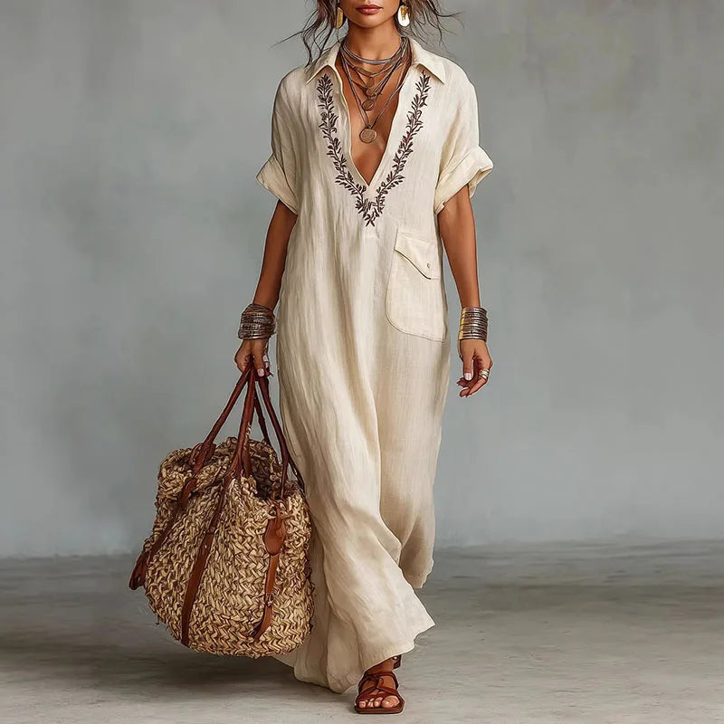 Abito Maxi Bohemien Donna con Stampa e Scollo a V