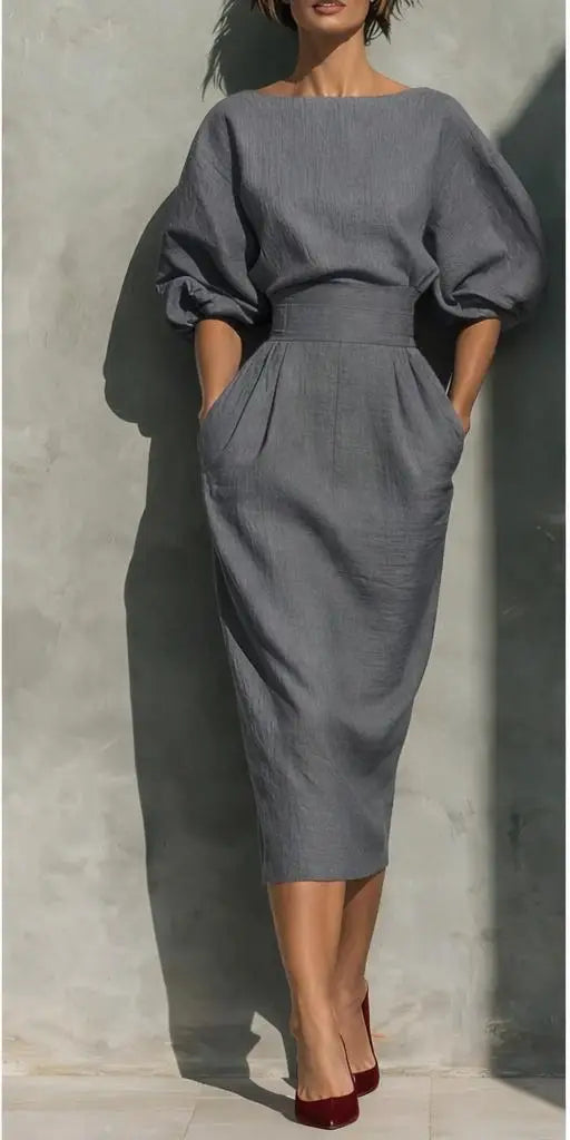 Robe Midi Femme à Taille Cintrée et Manches Bouffantes