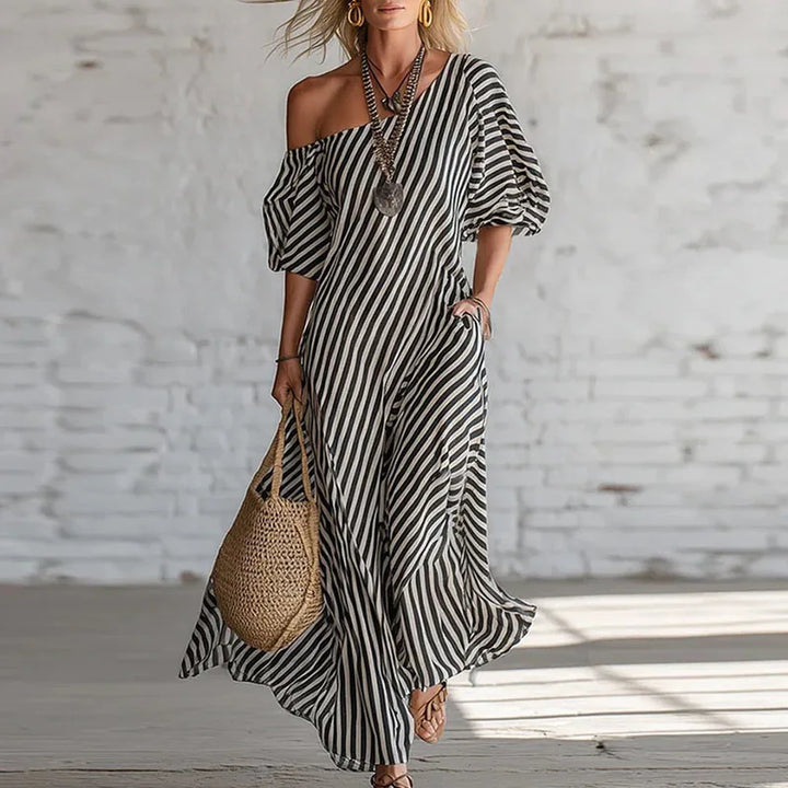 Robe Maxi Femme Bohème à Une Épaule et Manches Bouffantes