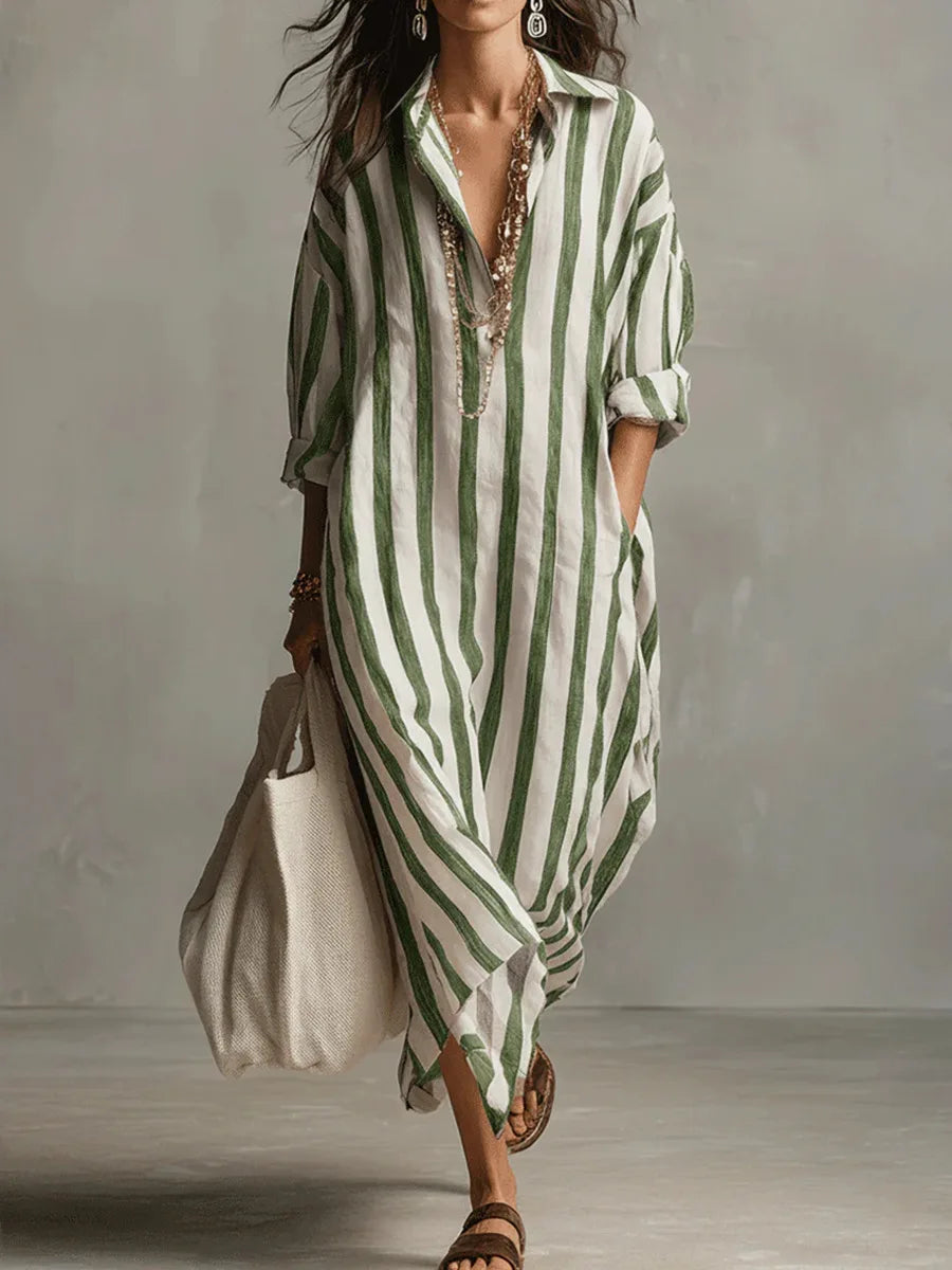 Robe Chemise Longue Rayée Décontractée pour Femme