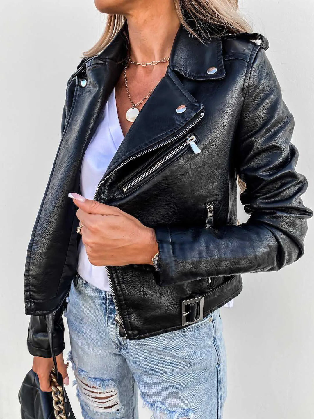 Veste De Motard Pour Femme En Similicuir Avec Détails Zippés