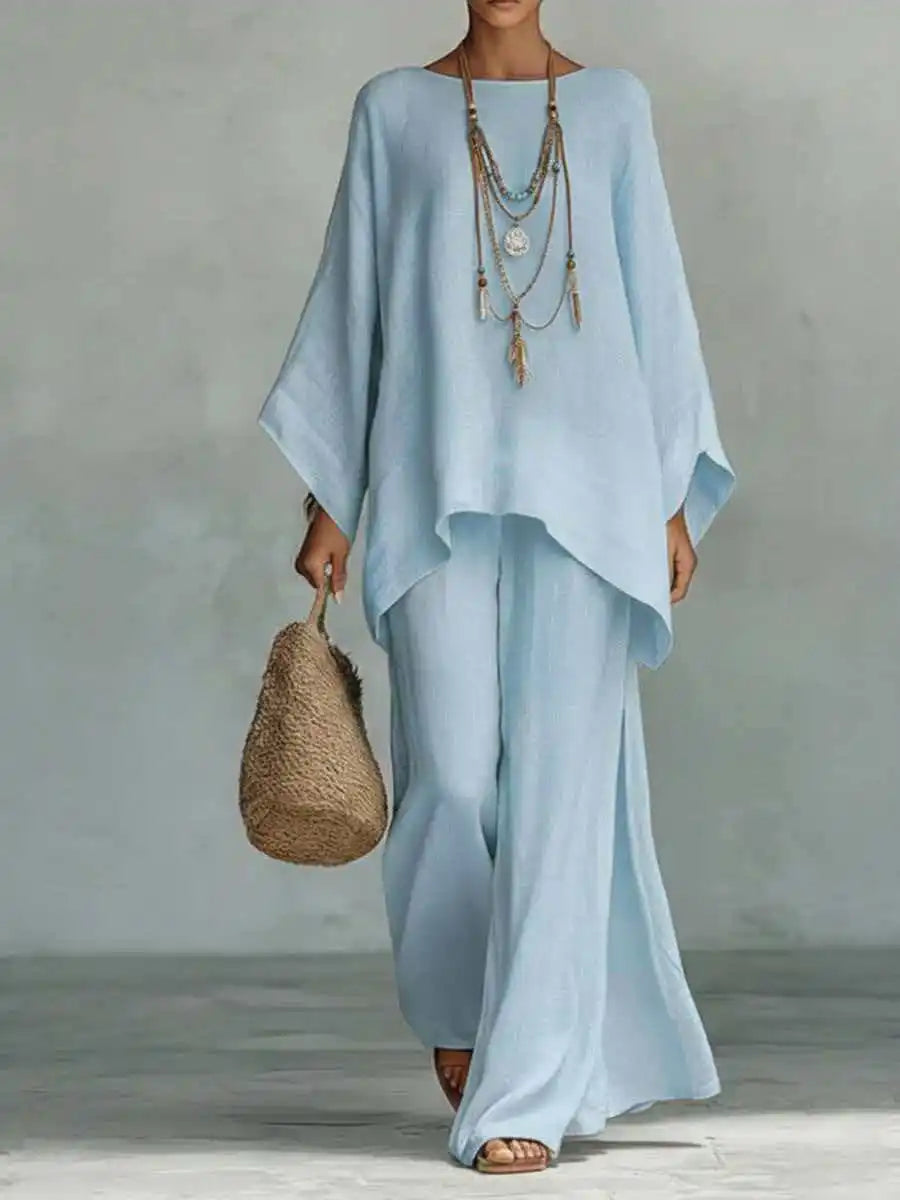 Ensemble Élégant Femme avec Haut Asymétrique et Pantalon Fluide