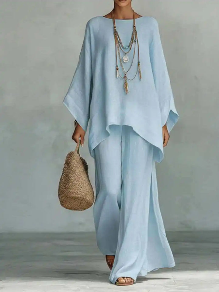 Ensemble Élégant Femme avec Haut Asymétrique et Pantalon Fluide