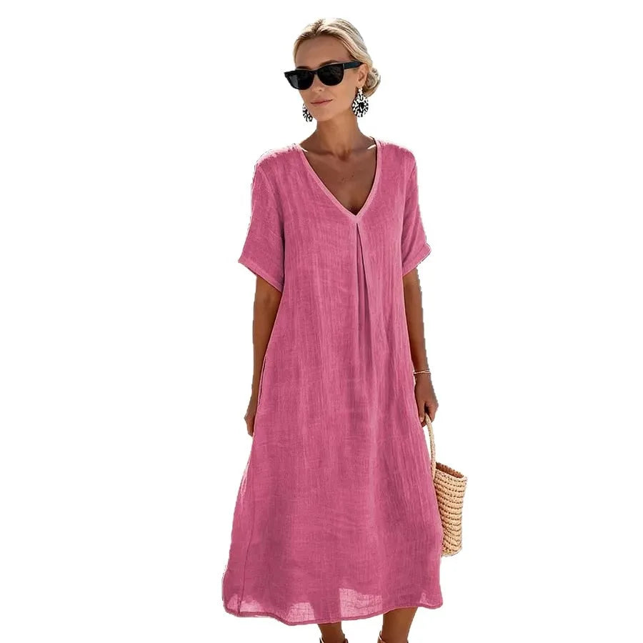 Robe Midi Décontractée pour Femmes à Col V et Coupe Fluide