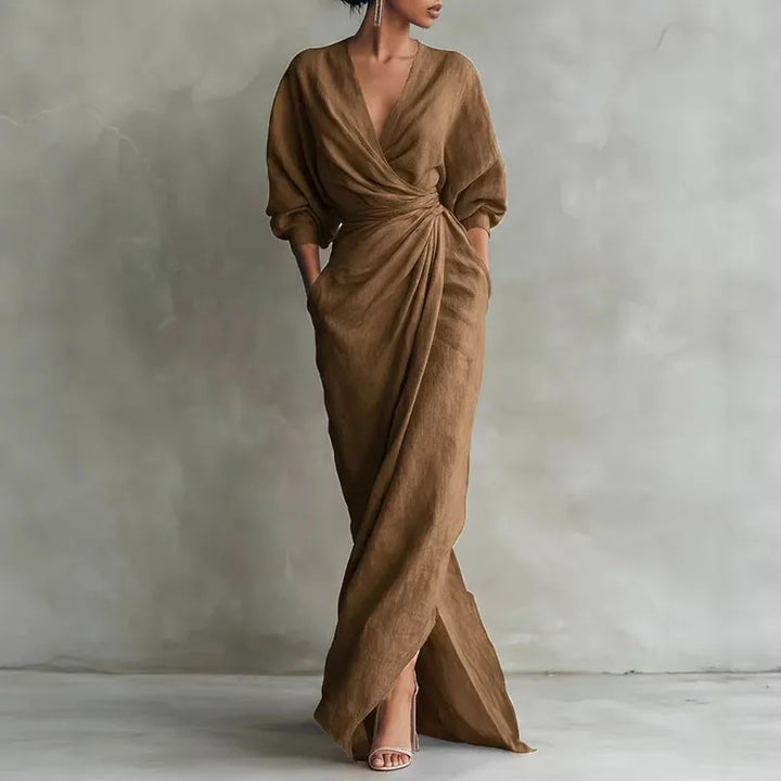 Robe Maxi Femme Cache-Cœur à Col V et Fente
