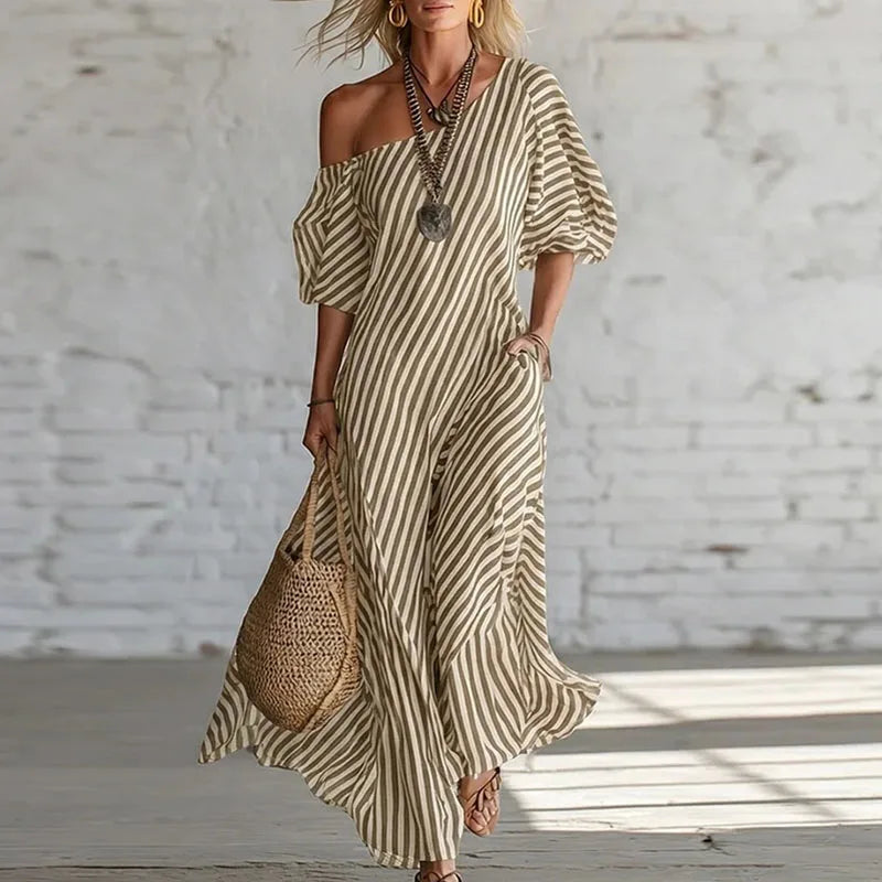 Robe Maxi Femme Bohème à Une Épaule et Manches Bouffantes