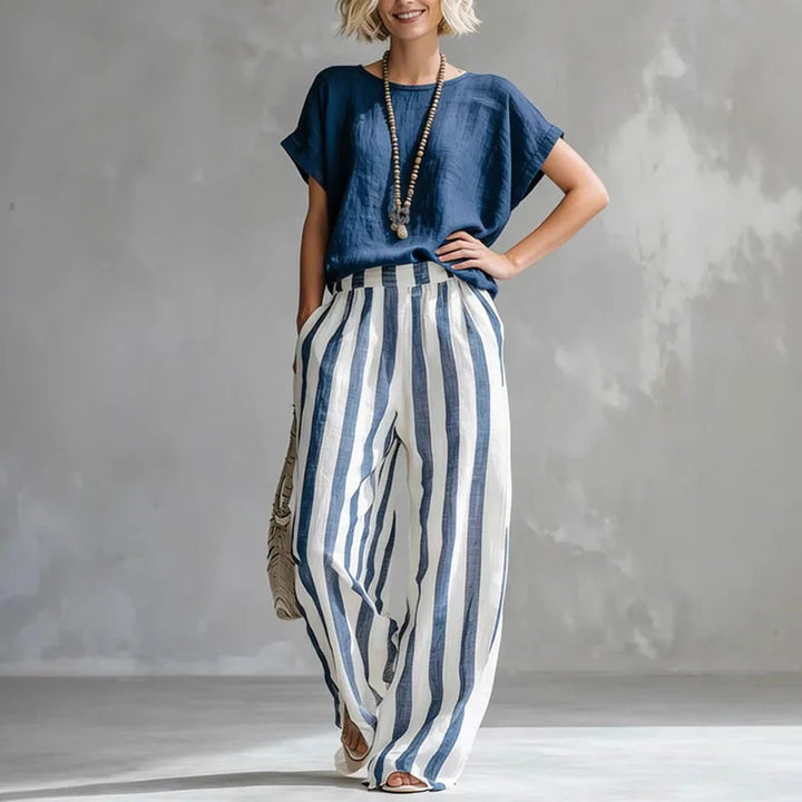 Ensemble Femme Rayé avec Haut à Manches Courtes et Pantalon Large