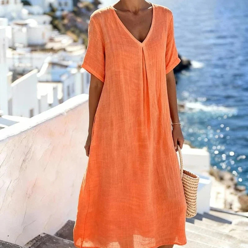 Robe Midi Décontractée pour Femmes à Col V et Coupe Fluide