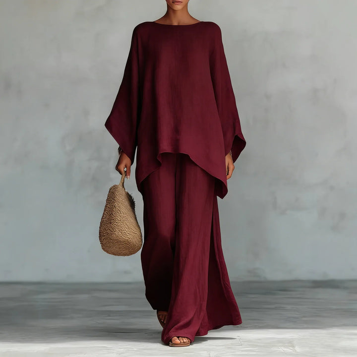 Ensemble Élégant Femme avec Haut Asymétrique et Pantalon Fluide