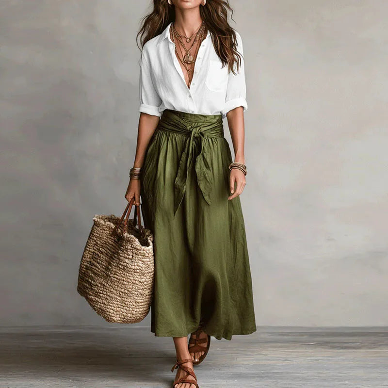 Ensemble Deux Pièces pour Femme Chemisier et Jupe Midi Taille Haute