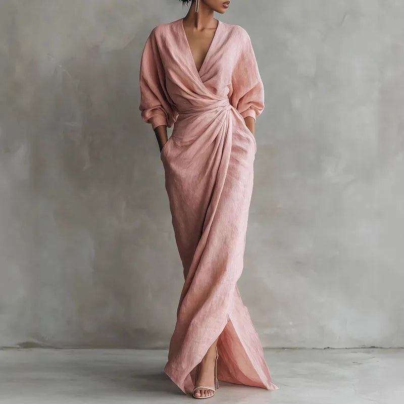 Robe Maxi Femme Cache-Cœur à Col V et Fente
