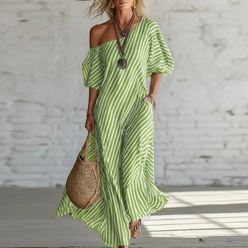Robe Maxi Femme Bohème à Une Épaule et Manches Bouffantes