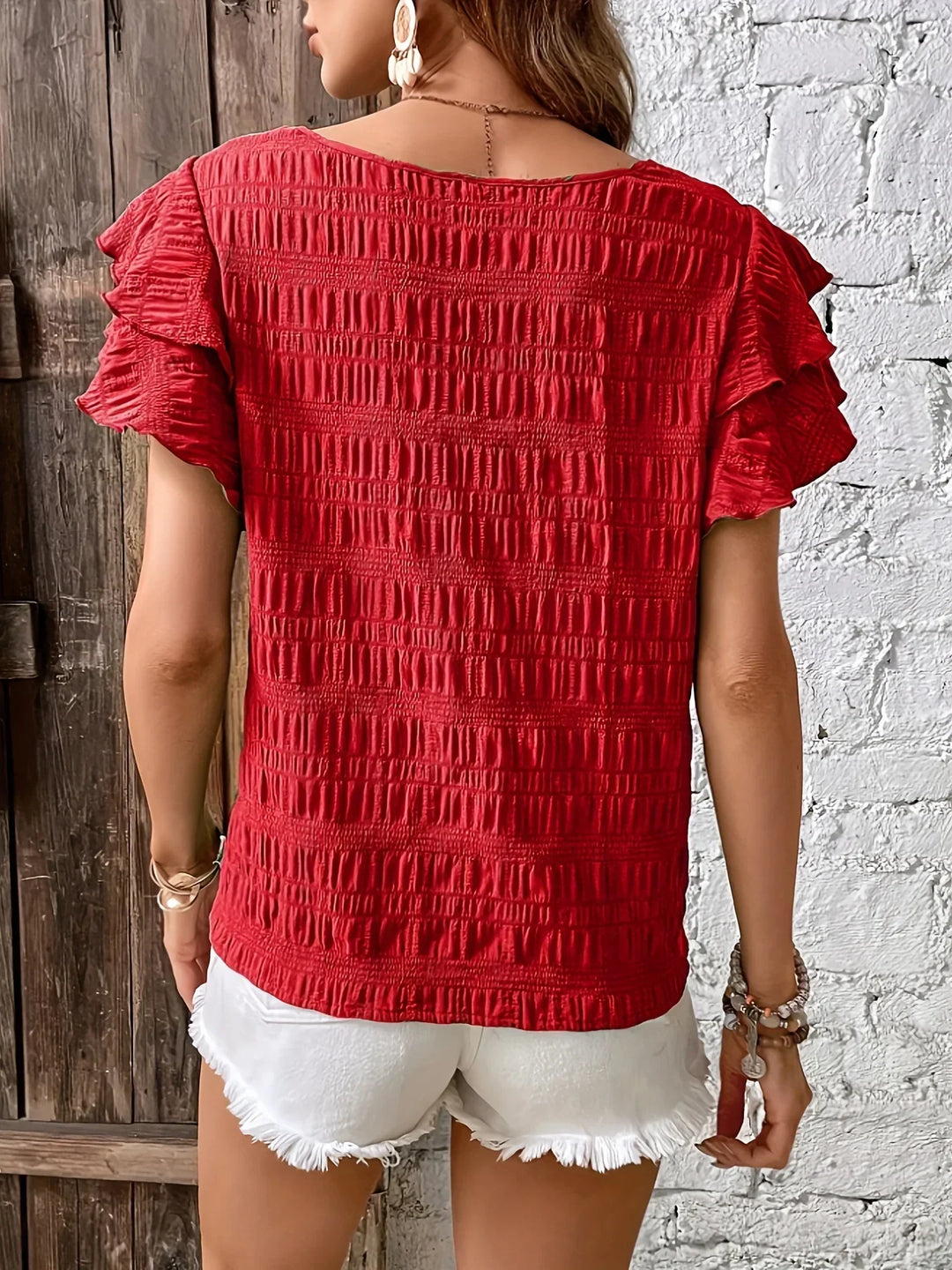 Blouse Femme Texturée à Manches Volantées Décontractée