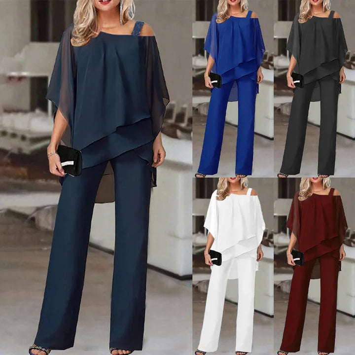Conjunto de mujer con top de hombros descubiertos y pantalón ancho