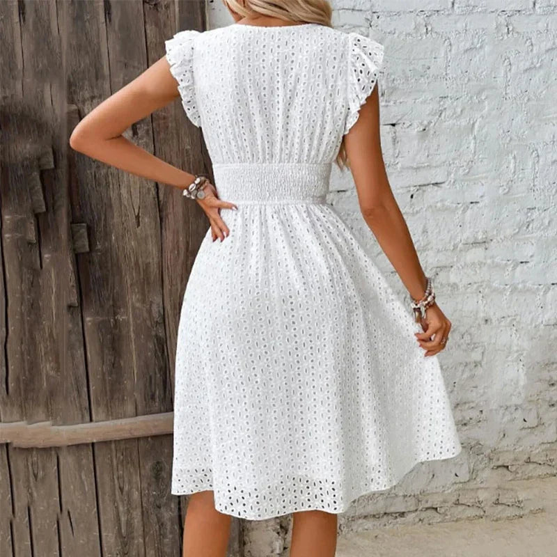 Robe Femme à Col V avec Volants et Ourlet Asymétrique