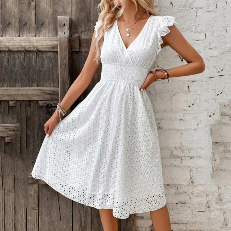 Robe Femme à Col V avec Volants et Ourlet Asymétrique