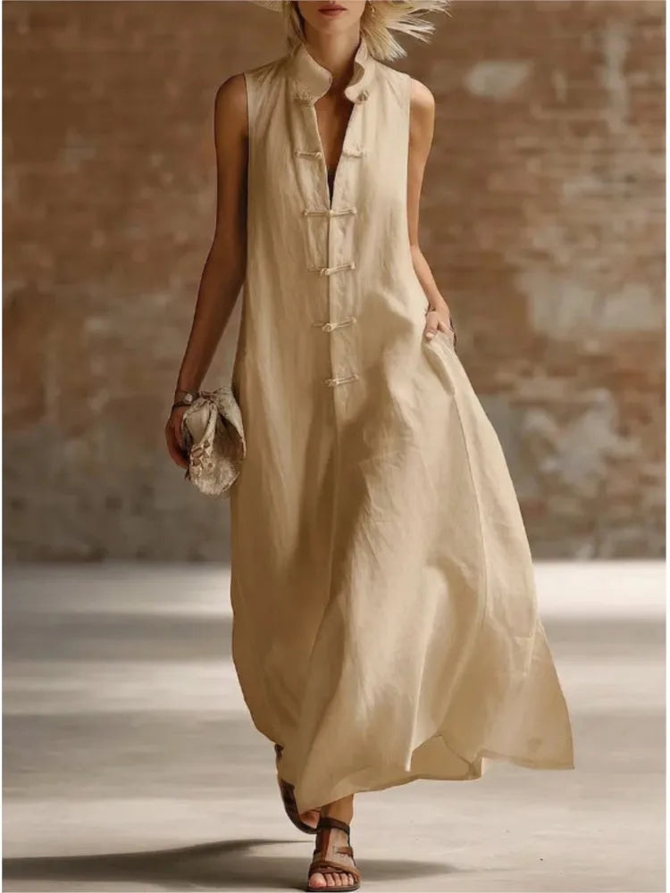 Robe Maxi Femme Sans Manches à Col Chemise