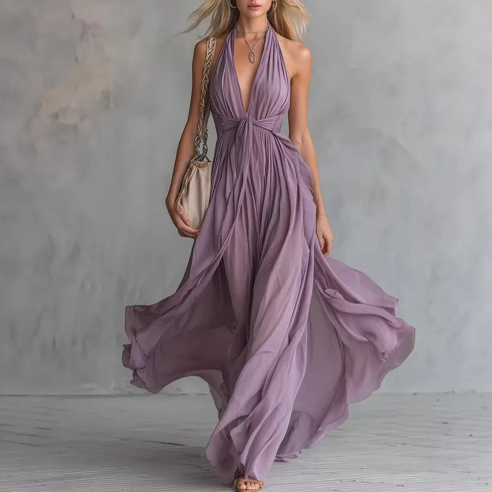 Abito lungo da donna con collo halter, scollo a V e spacco
