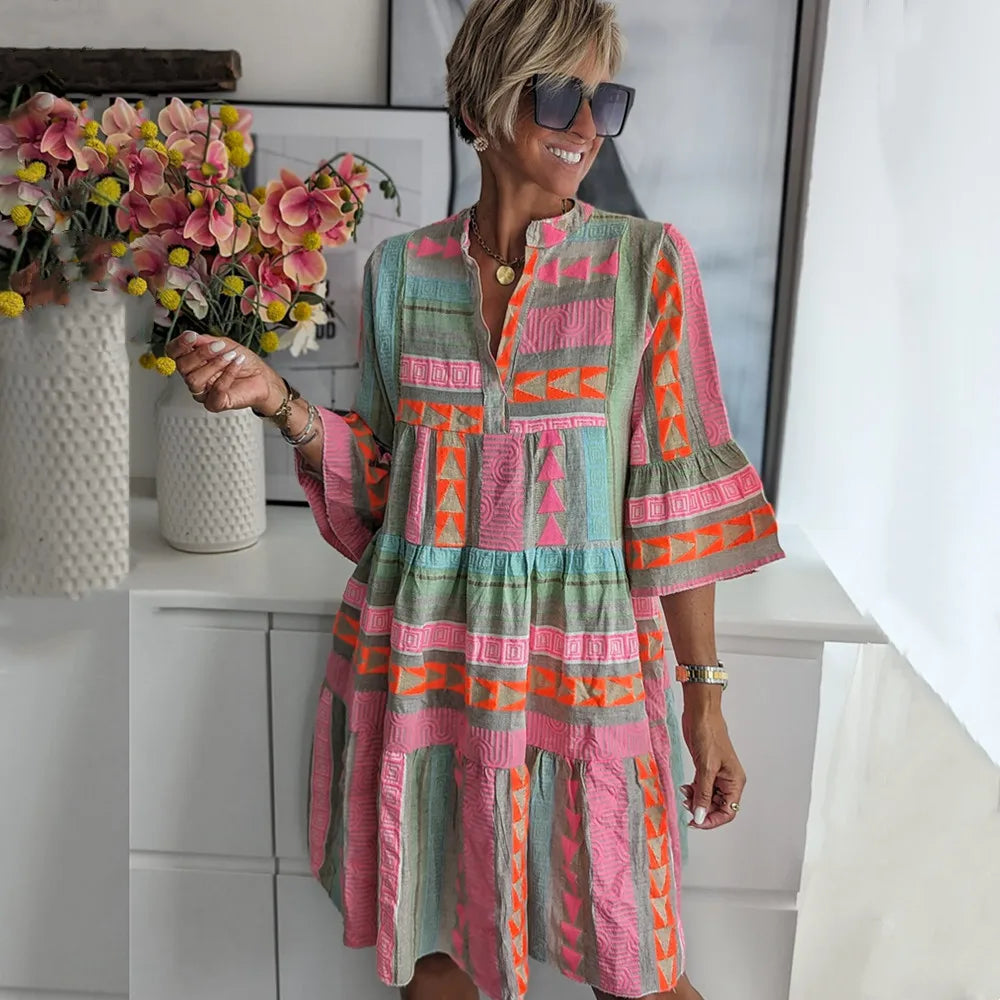 Robe Femme Bohème Imprimée à Manches Évasées Élégantes
