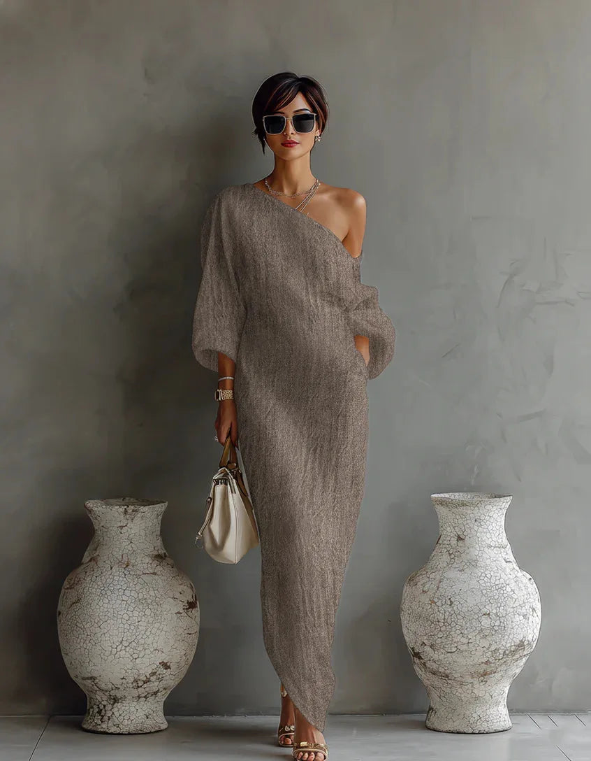 Asymmetric One-Shoulder Maxi Dress with Batwing Sleeves and Pockets – Marlovale