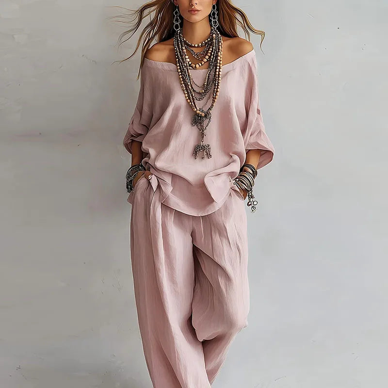Ensemble Femme à Épaules Dénudées et Pantalon Large