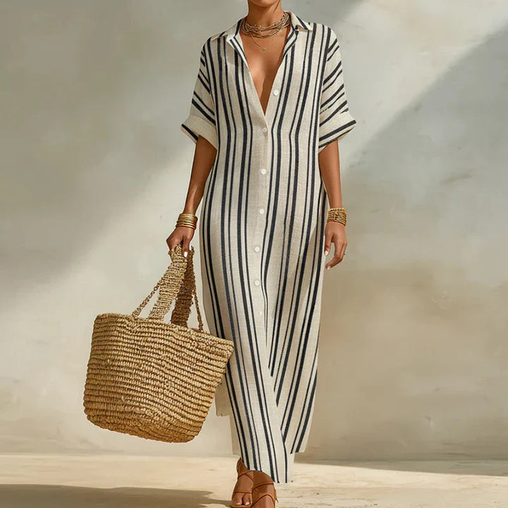 Robe Maxi Femme Rayée à Col Chemise et Design Contrasté