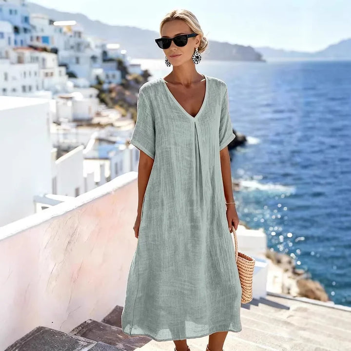 Robe Midi Décontractée pour Femmes à Col V et Coupe Fluide
