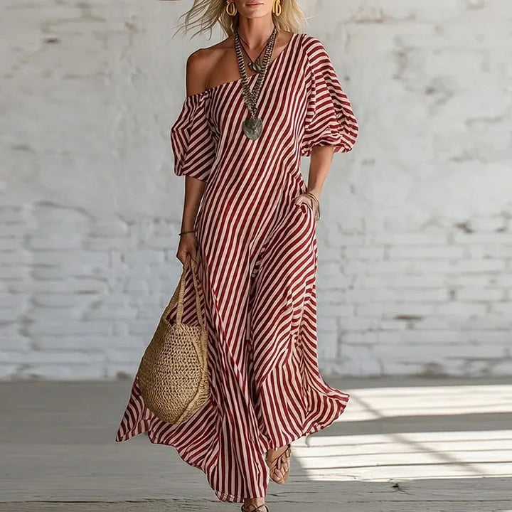 Robe Maxi Femme Bohème à Une Épaule et Manches Bouffantes